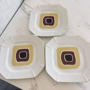 Vintage MCM Retro Abstract Square Yellow Brown Black 7.5" Dessert Plate Lot of 3